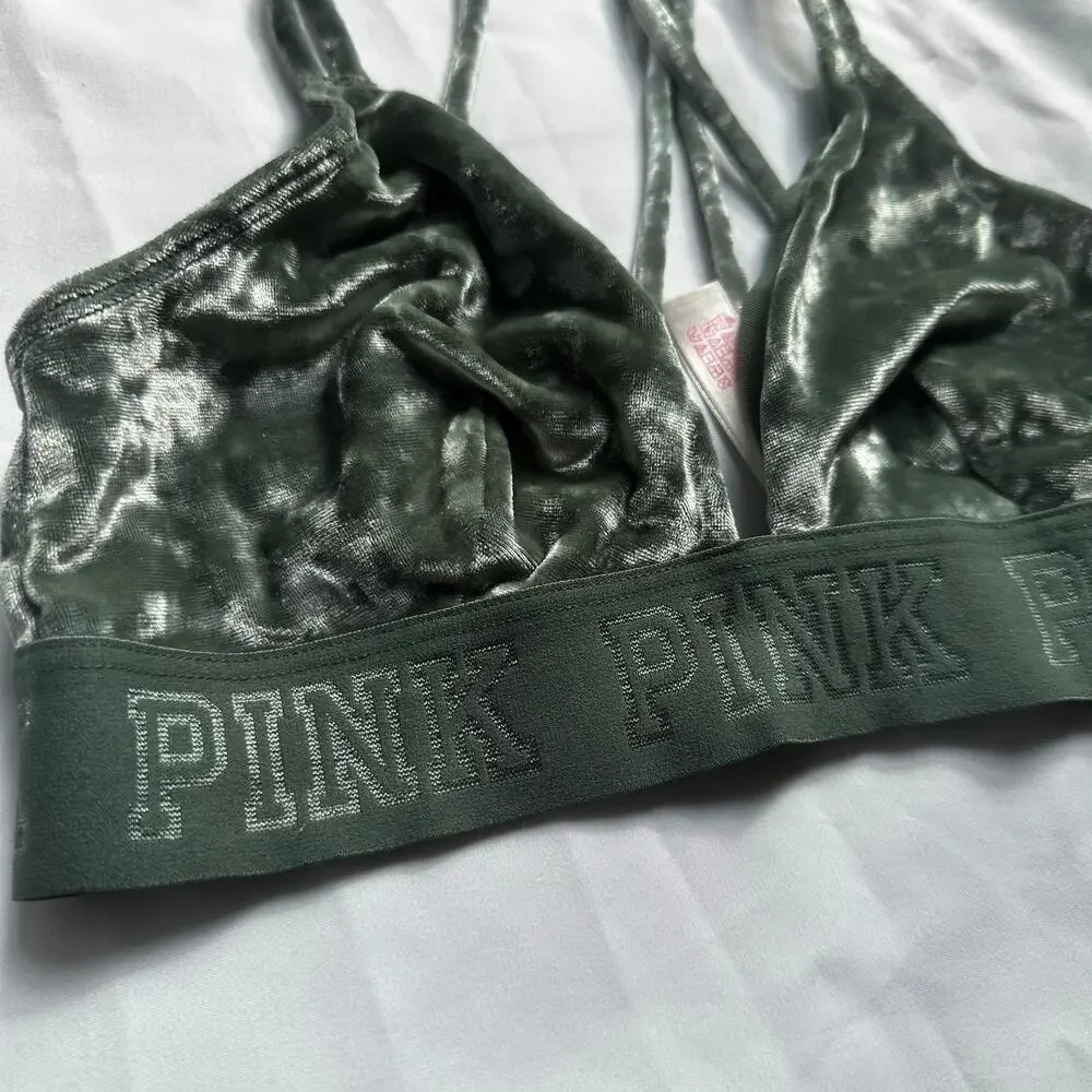 Victoria's Secret PINK dark green velvet strappy bralette sz XS